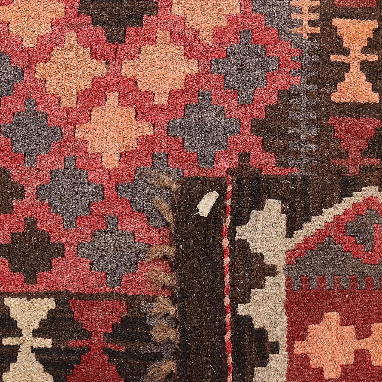 Tappeto Kilim rosso e marrone a nodo fine in lana 8