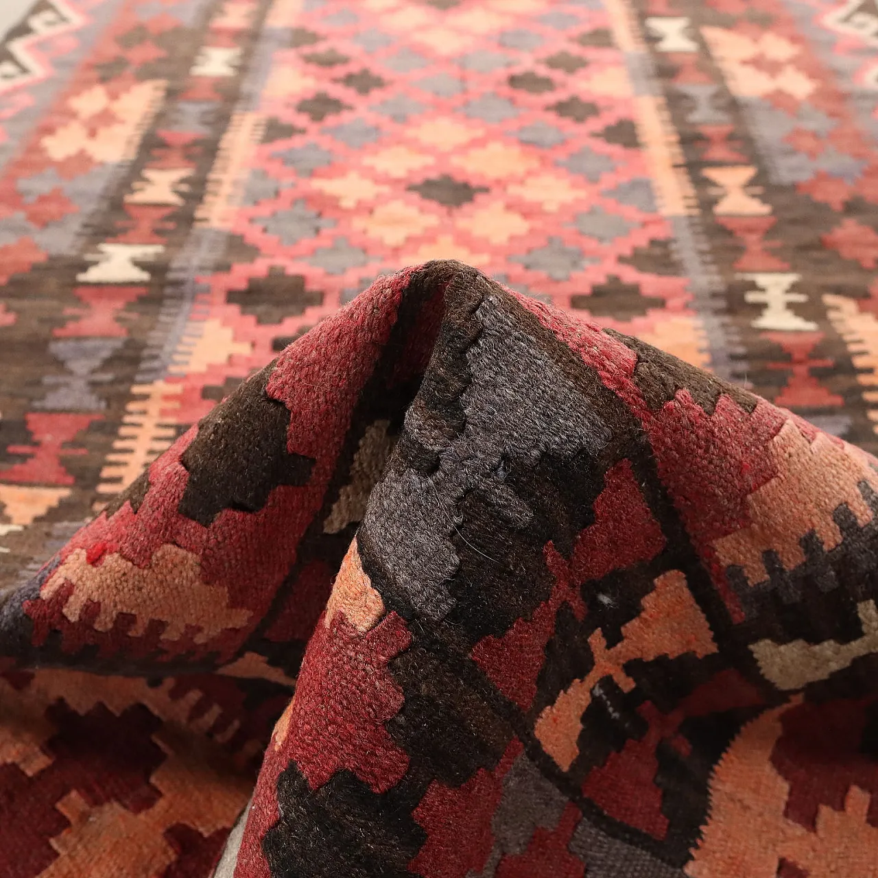Tappeto Kilim rosso e marrone a nodo fine in lana 9