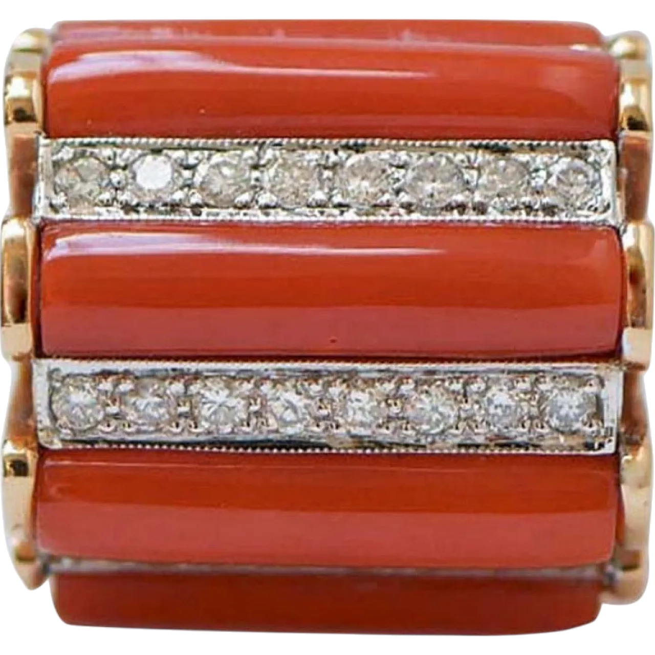 Anello con corallo, diamanti e oro rosa 14 carati, anni '50 7