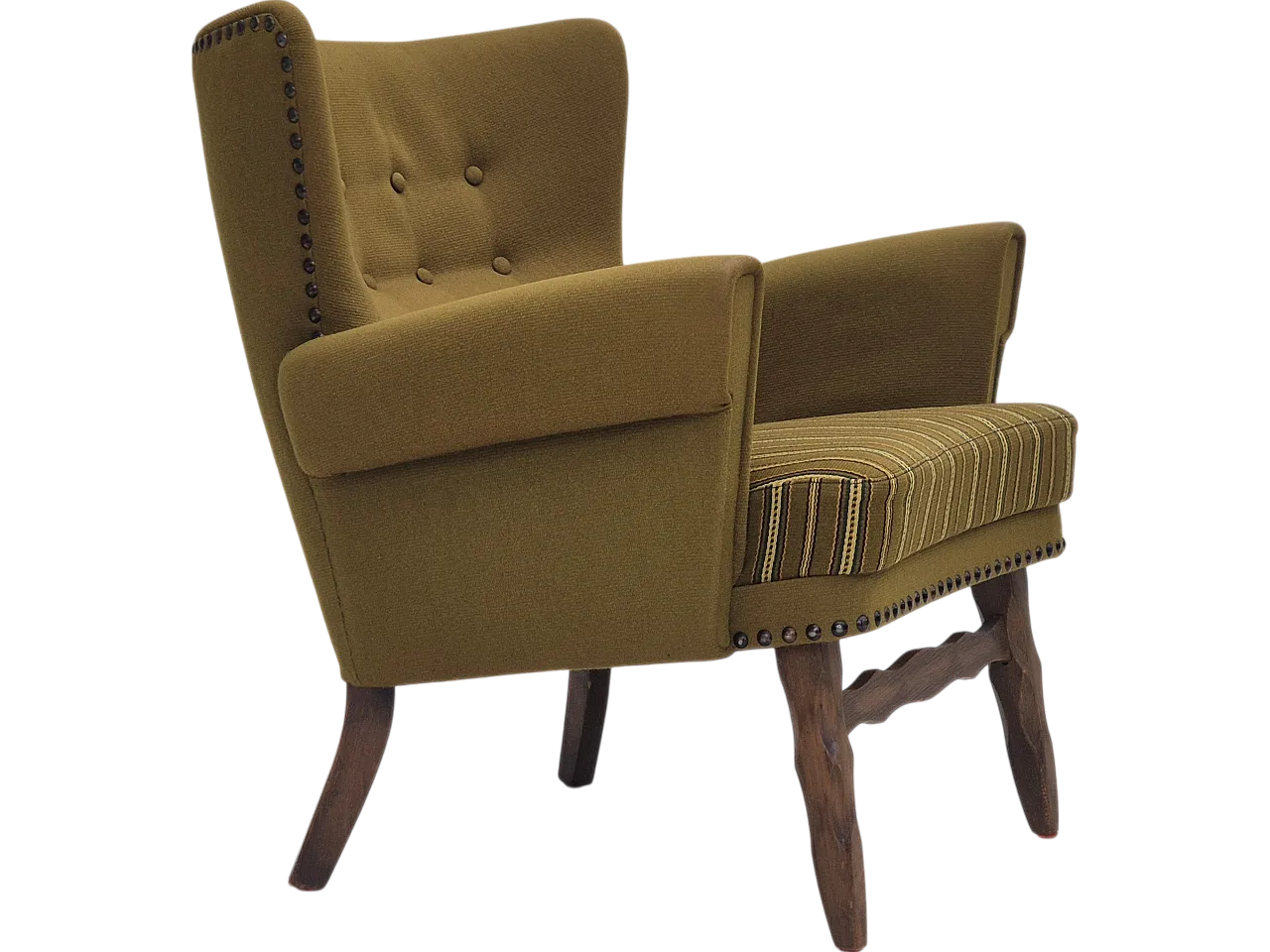 Danish lounge chair, green wool, oak wood, 70s 23