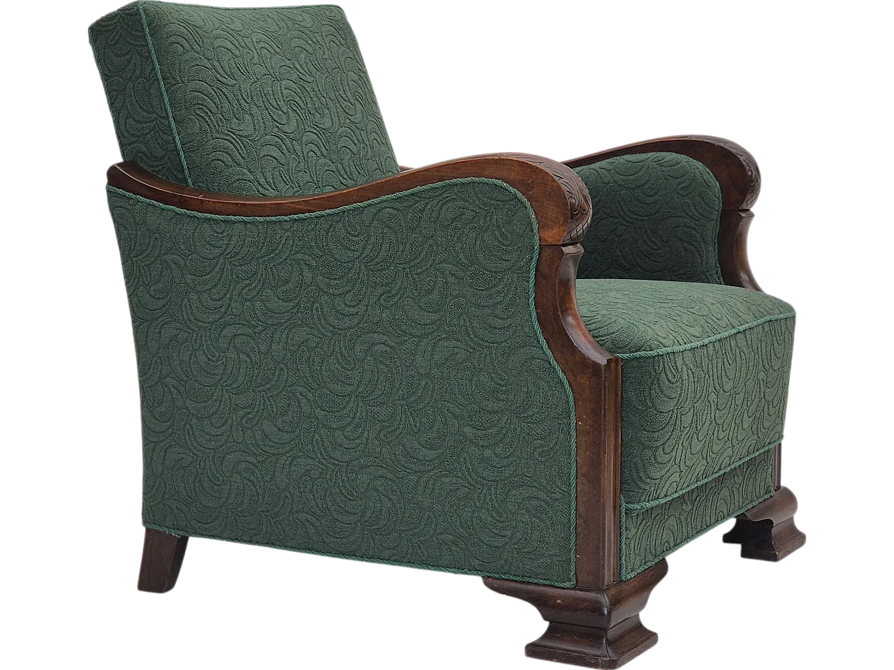 Danish relax chair, green blend wool fabric, beech, 50s 22