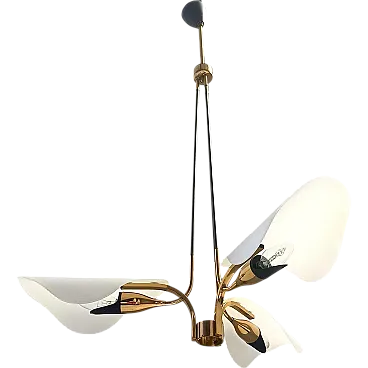 Elegant Three-Arm Brass and White Glass Chandelier by Stilnovo, 50s