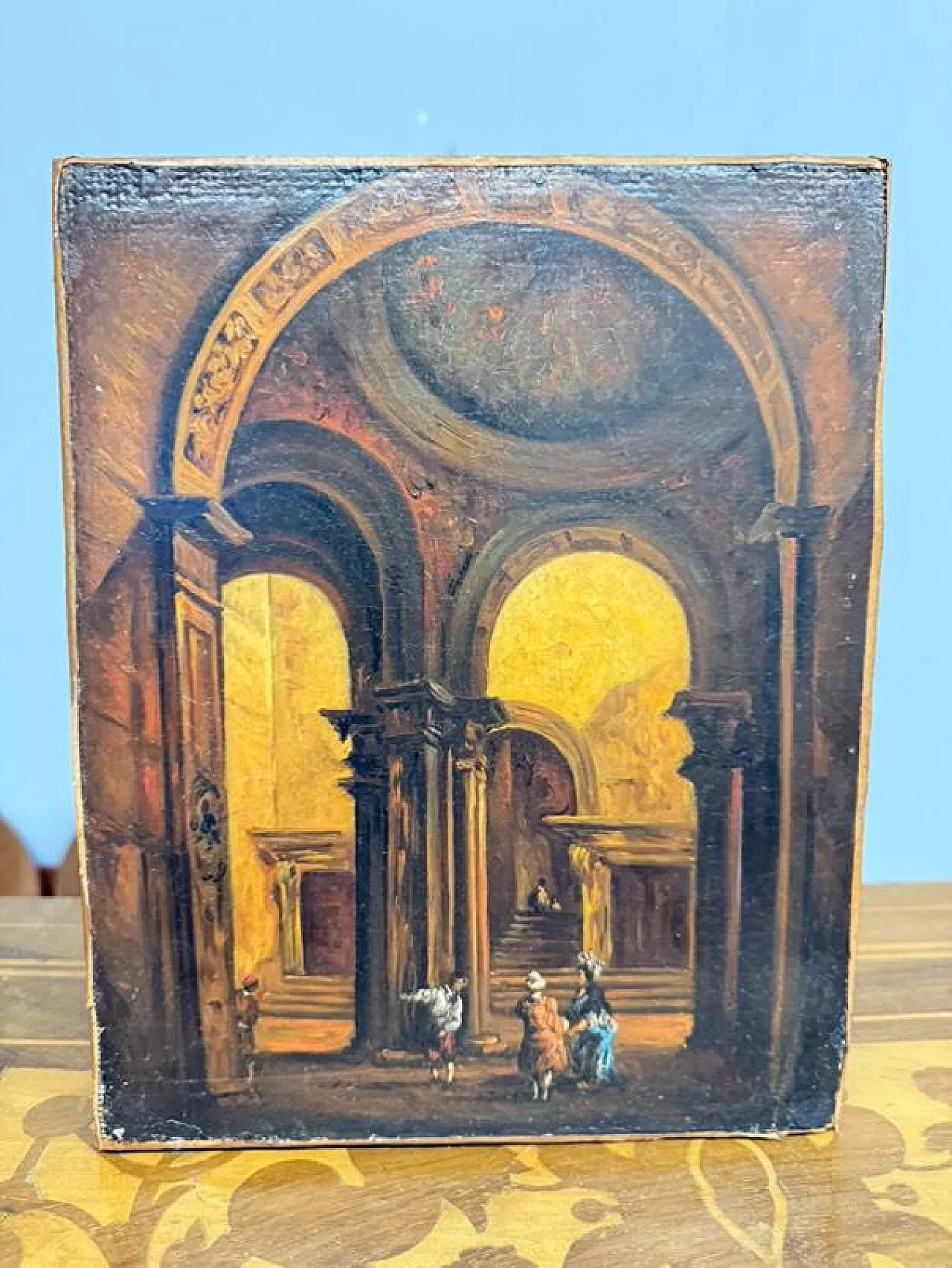 Oil painting on table, internal architecture, 1850 1