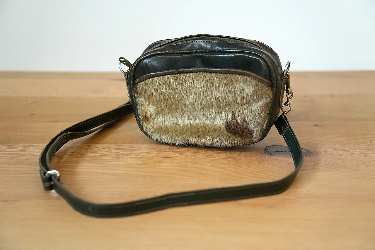 Black Leather Crossbody Bag with Fur Detail, 70s 1