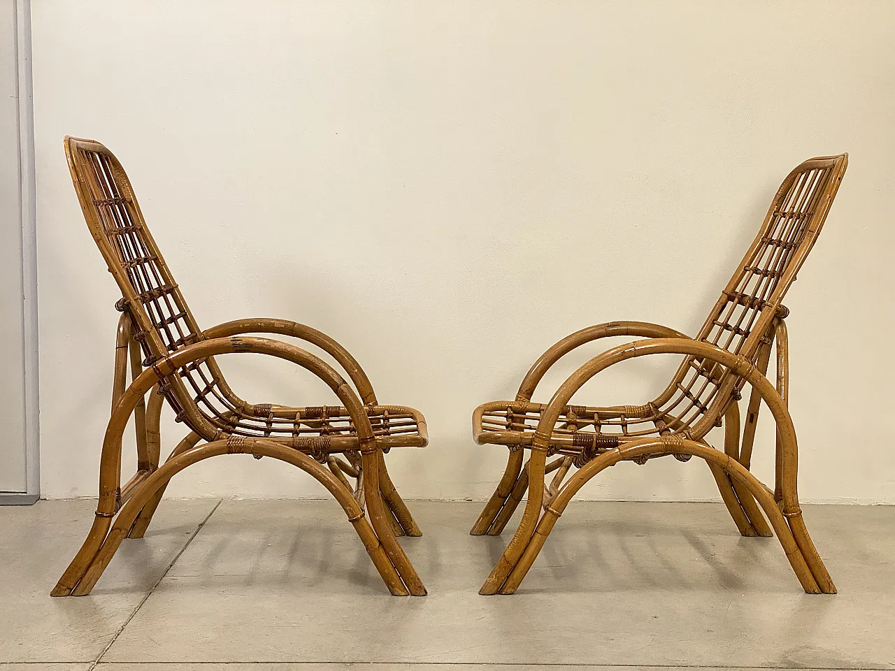 Coppia di poltrone in giunco e bambù, anni '70 1