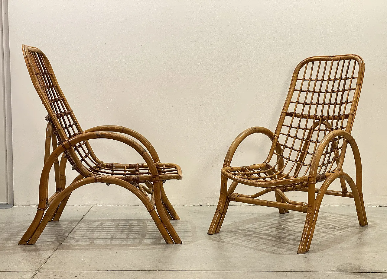 Coppia di poltrone in giunco e bambù, anni '70 2