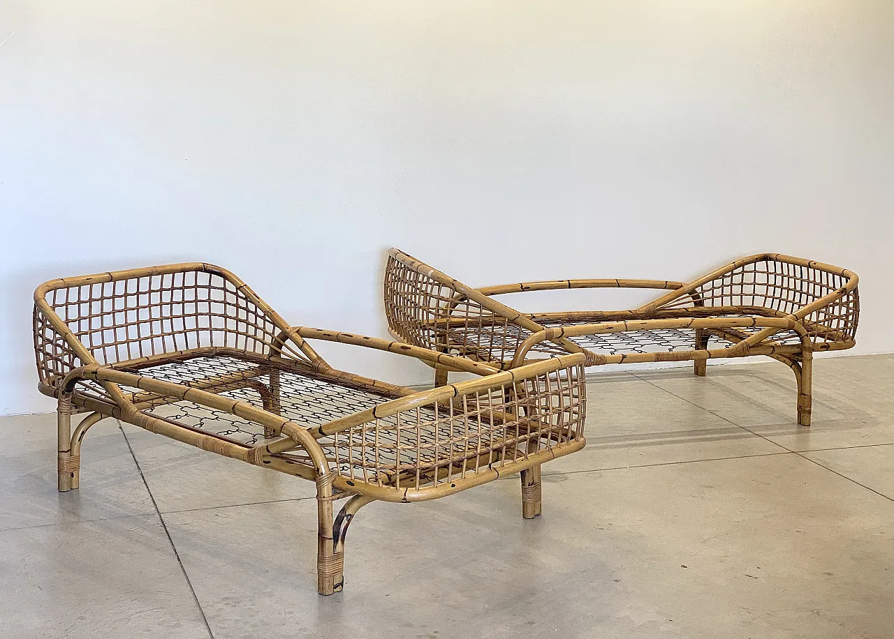 Pair of beds in rush and bamboo, 70s 10