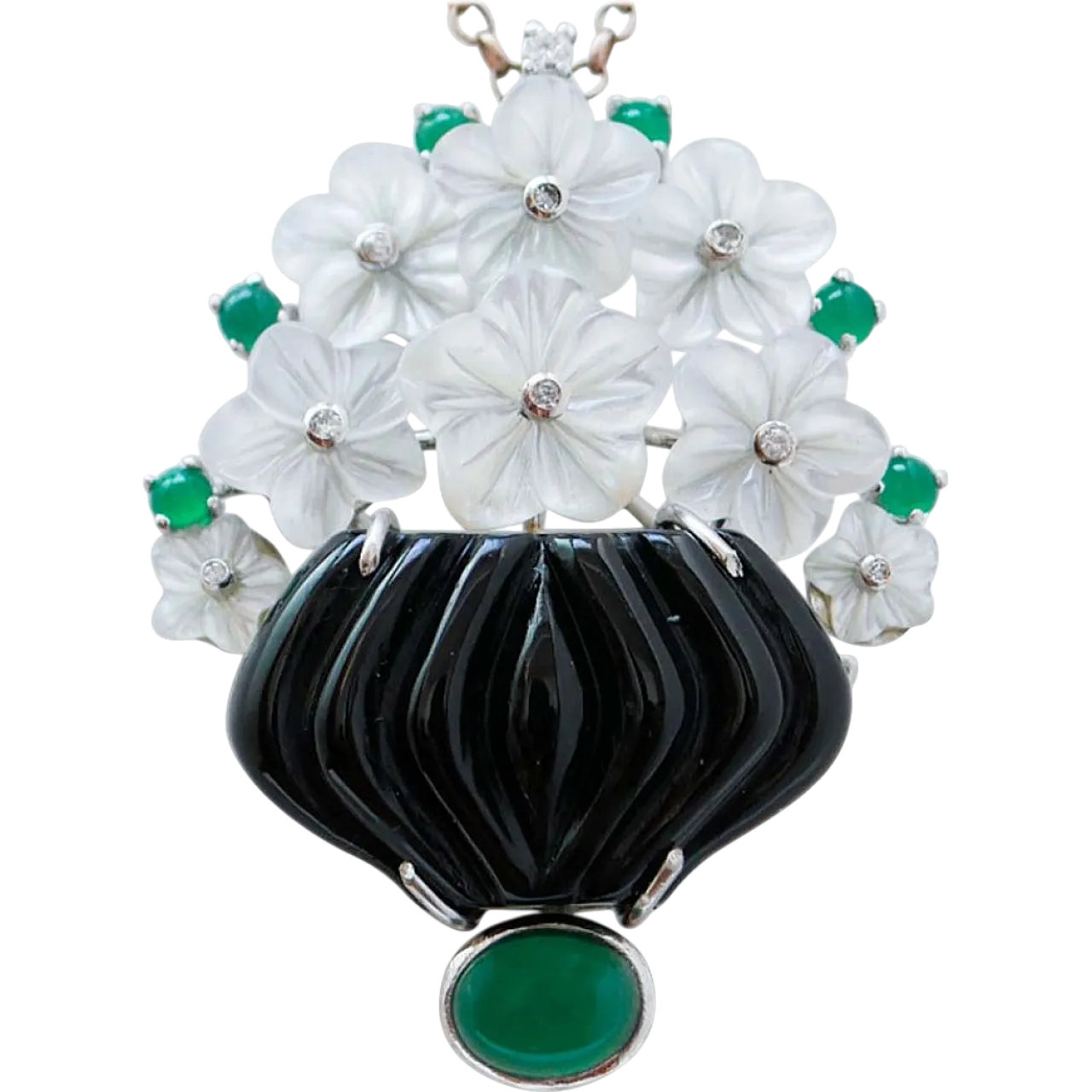 Spilla in platino e oro con onice, pietre, agata, diamanti, anni '70 9