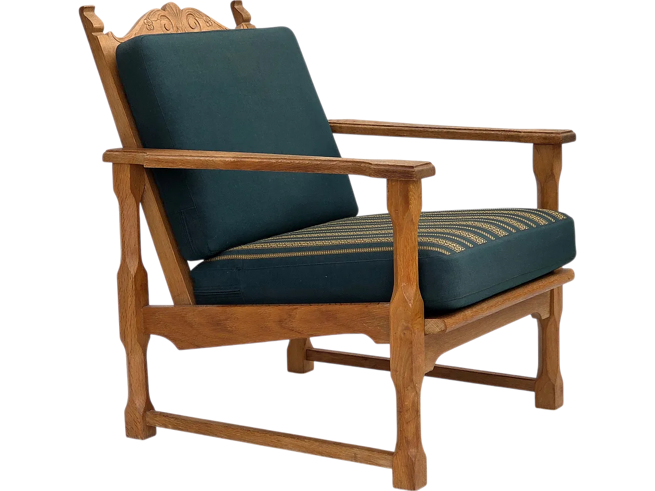 Scandinavian lounge chair, green wool, solid oak wood, 70s 18