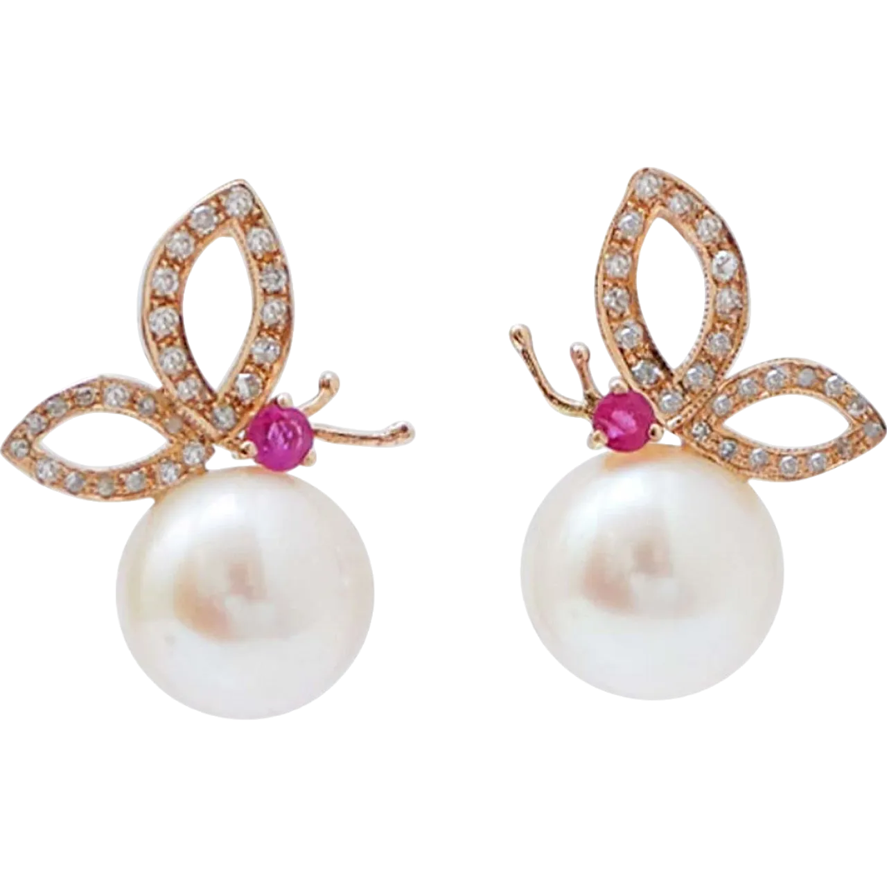 Orecchini in oro rosa 14 carati con perle, rubini, diamanti, anni '70 7