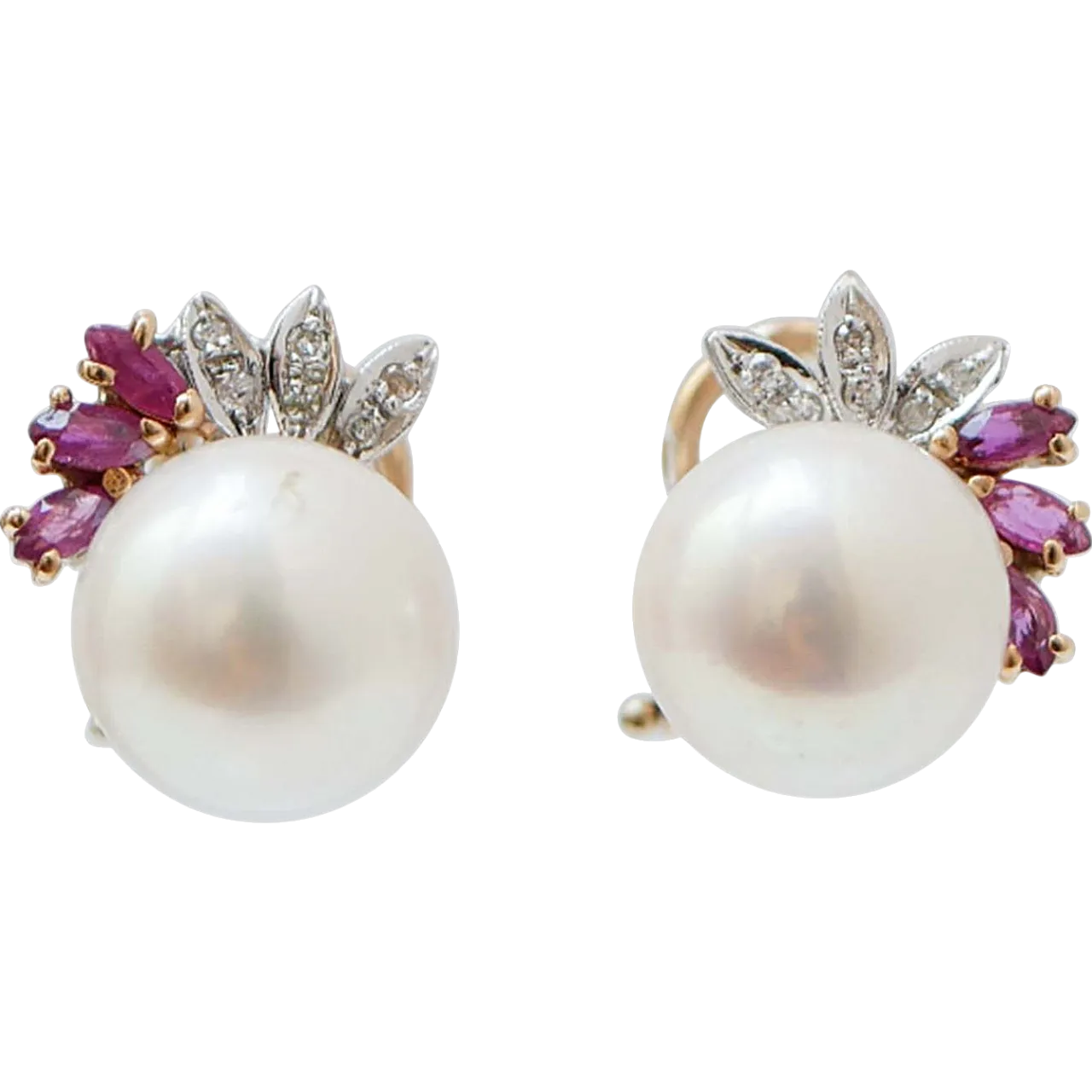 Earrings with pearls, rubies, diamonds, 14K pink gold, 1970s 7