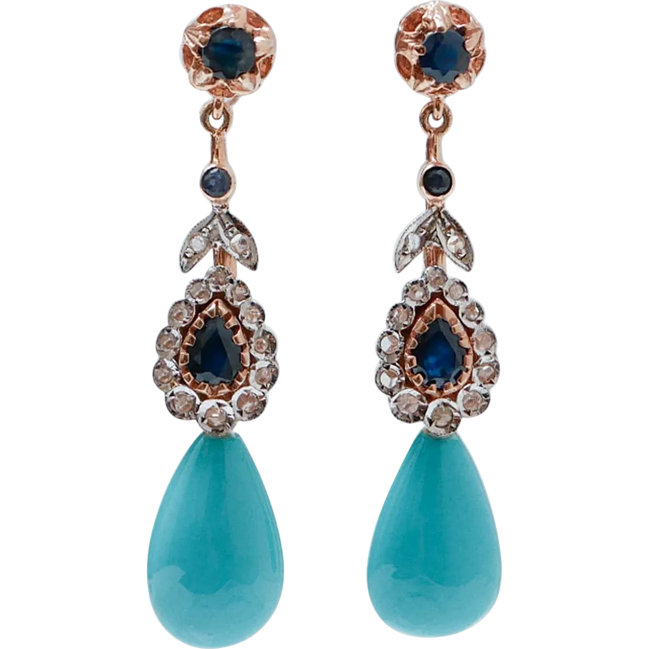 Orecchini in turchese, zaffiri, diamanti, oro e argento, anni 2000 7