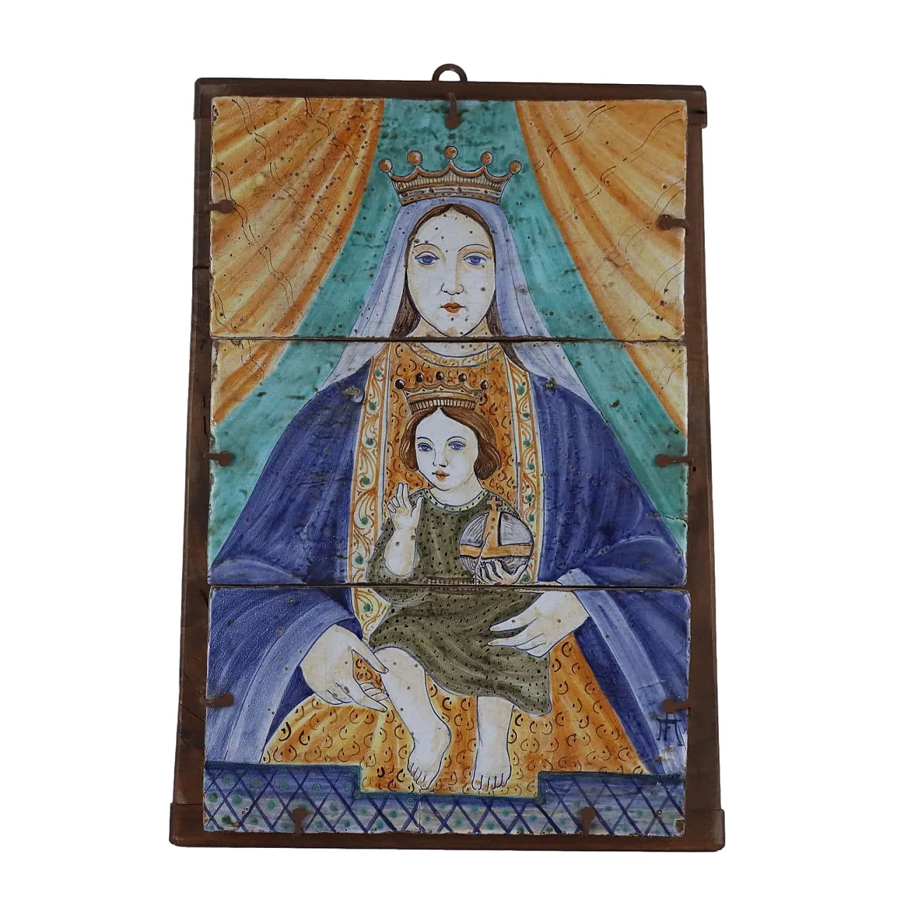 Soggetto religioso, quadro in maiolica e legno, '900 1