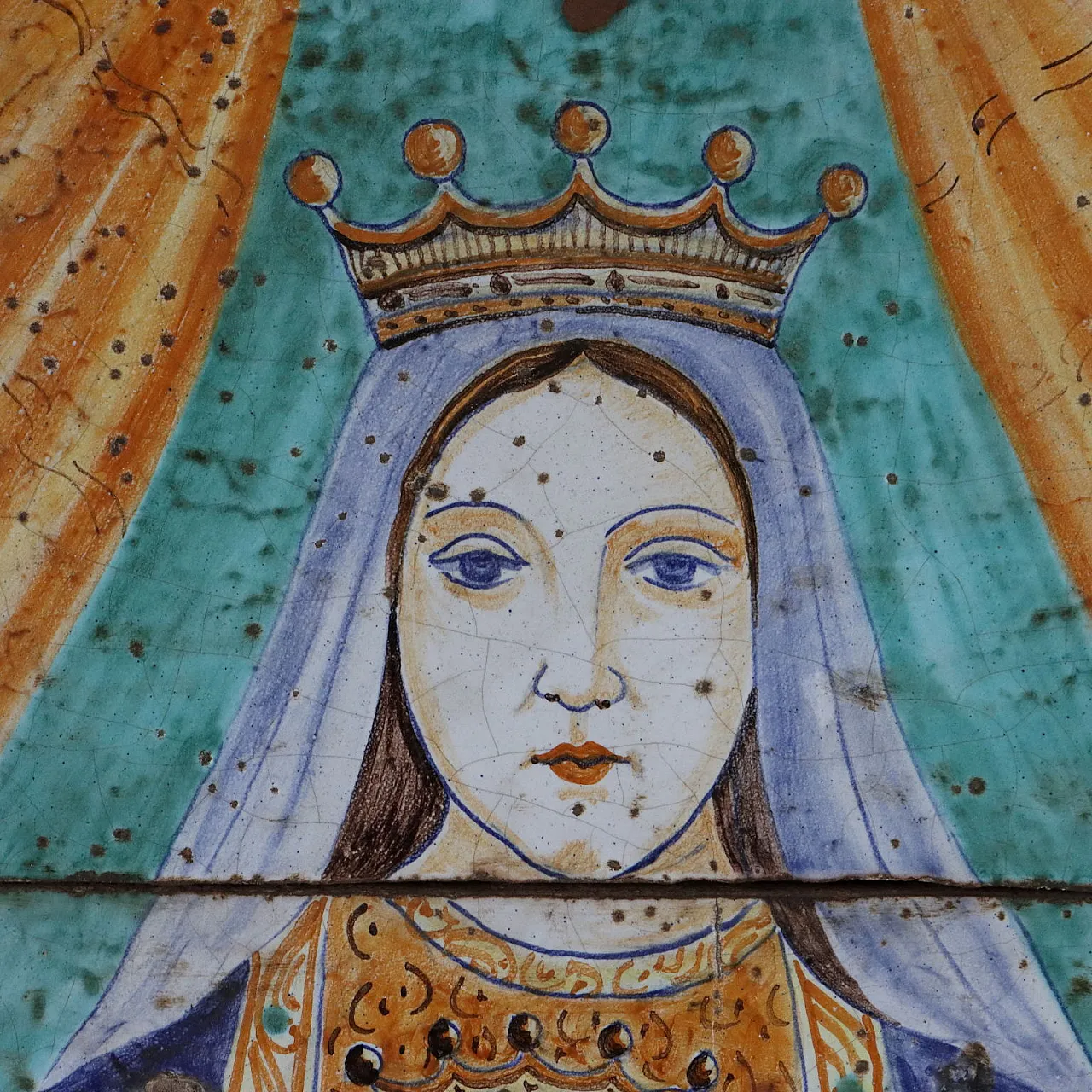 Soggetto religioso, quadro in maiolica e legno, '900 3