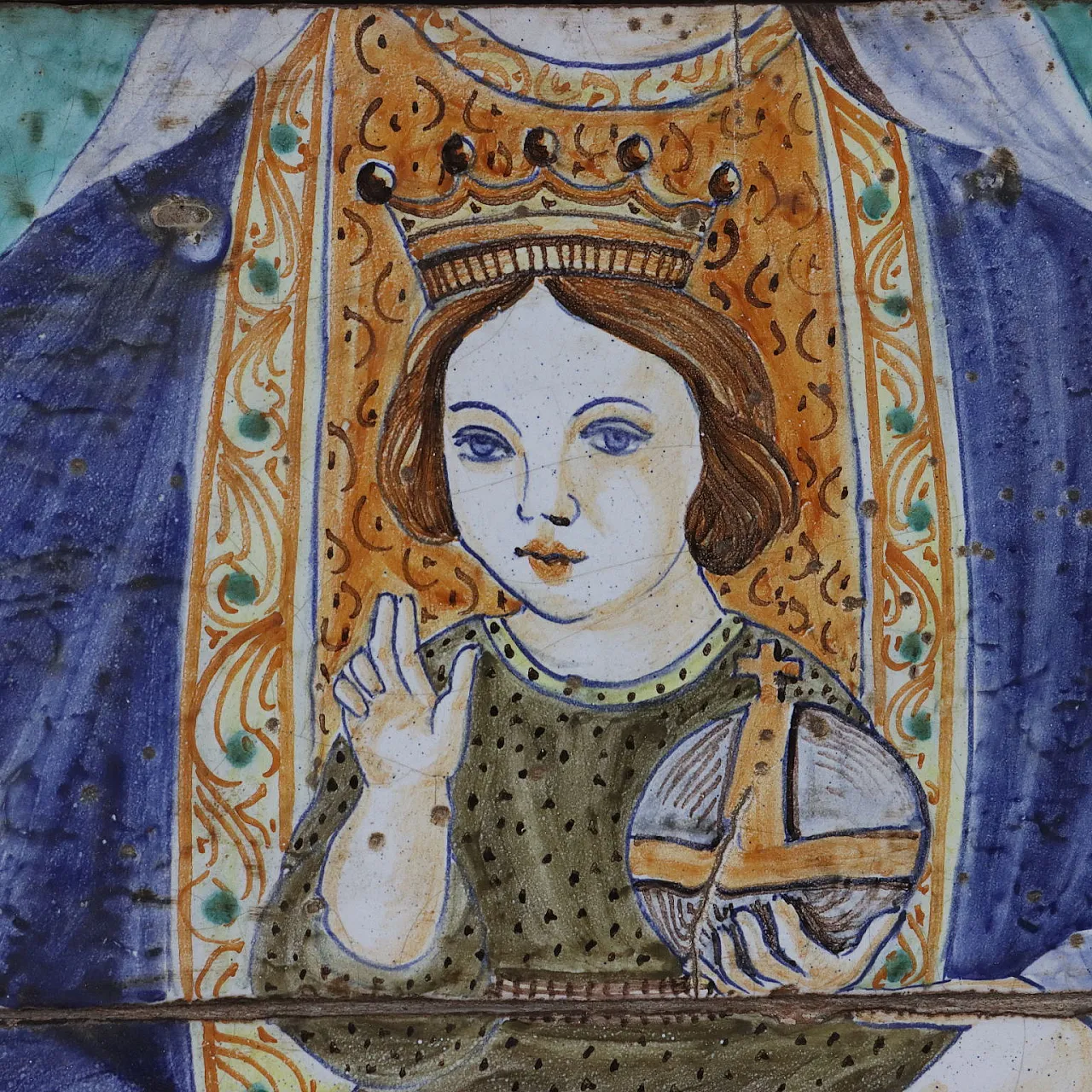 Soggetto religioso, quadro in maiolica e legno, '900 4