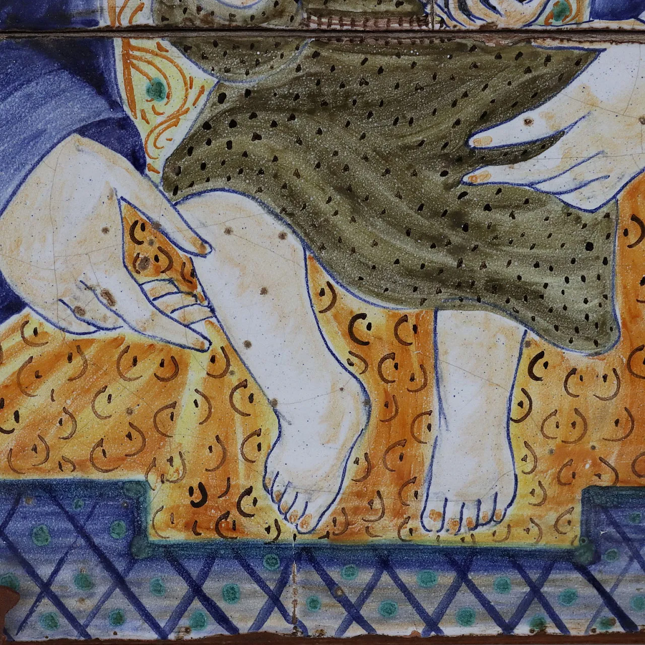 Soggetto religioso, quadro in maiolica e legno, '900 5