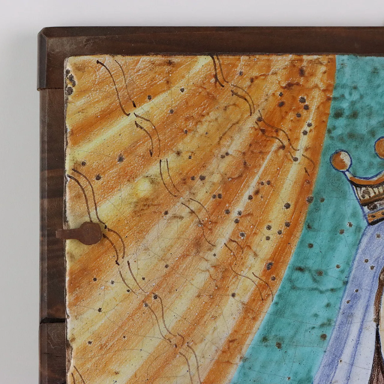 Soggetto religioso, quadro in maiolica e legno, '900 6