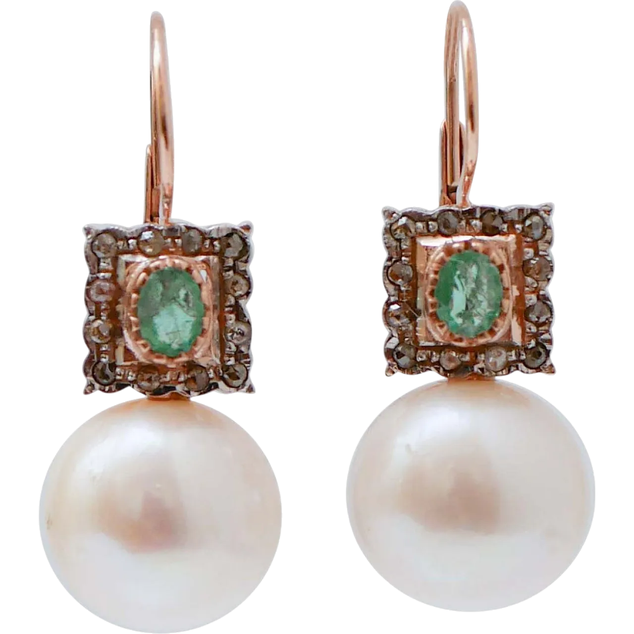 Orecchini con perle, smeraldi, diamanti, oro rosa e argento, anni 2000 7