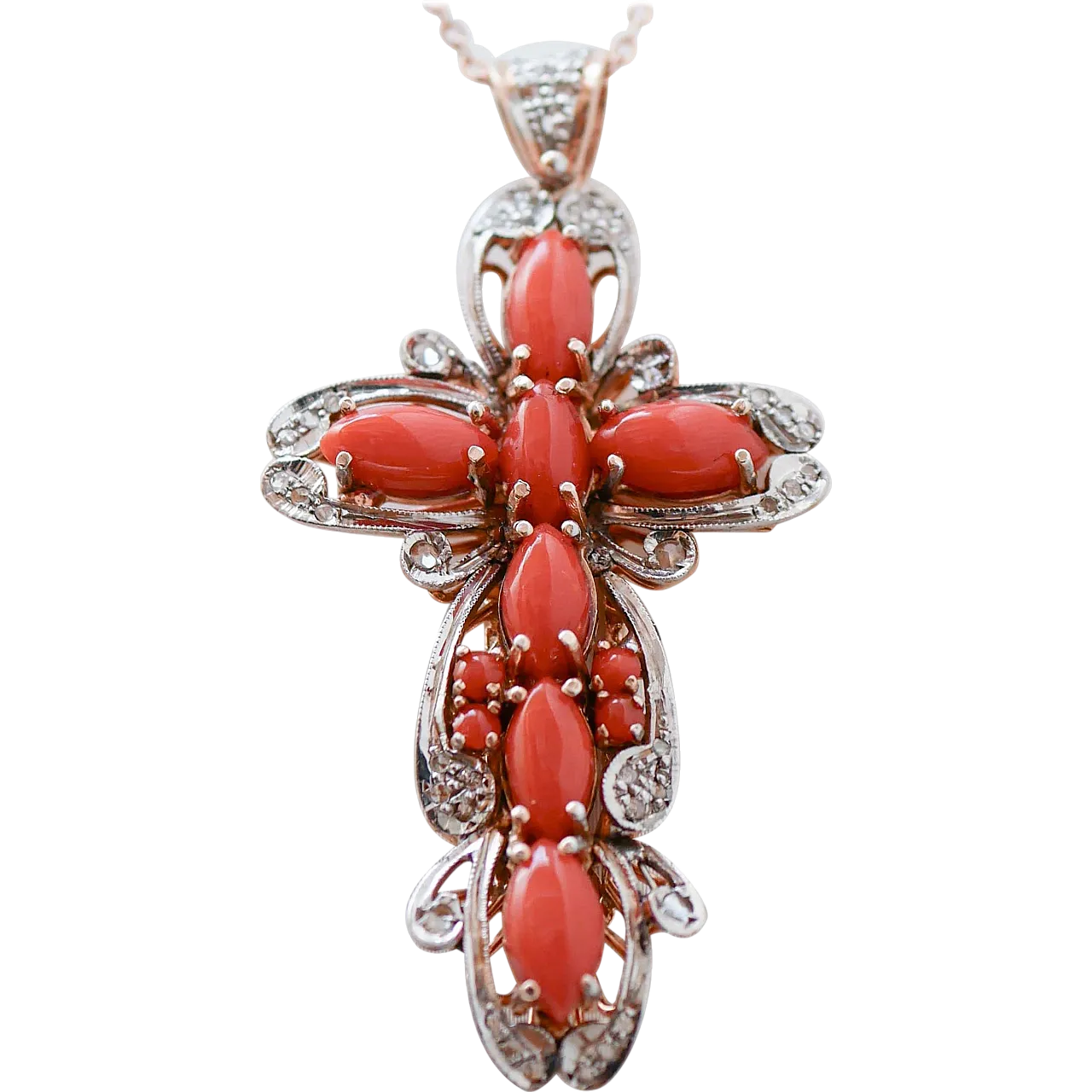 Collana a croce in corallo, diamanti, oro e argento, anni '60 8