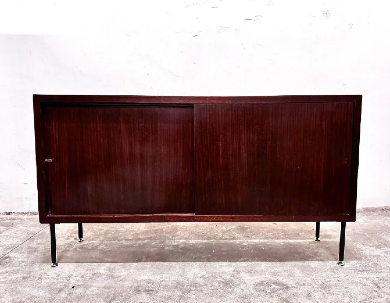 Cabinet with sliding doors in teak and metal, 1970s 1