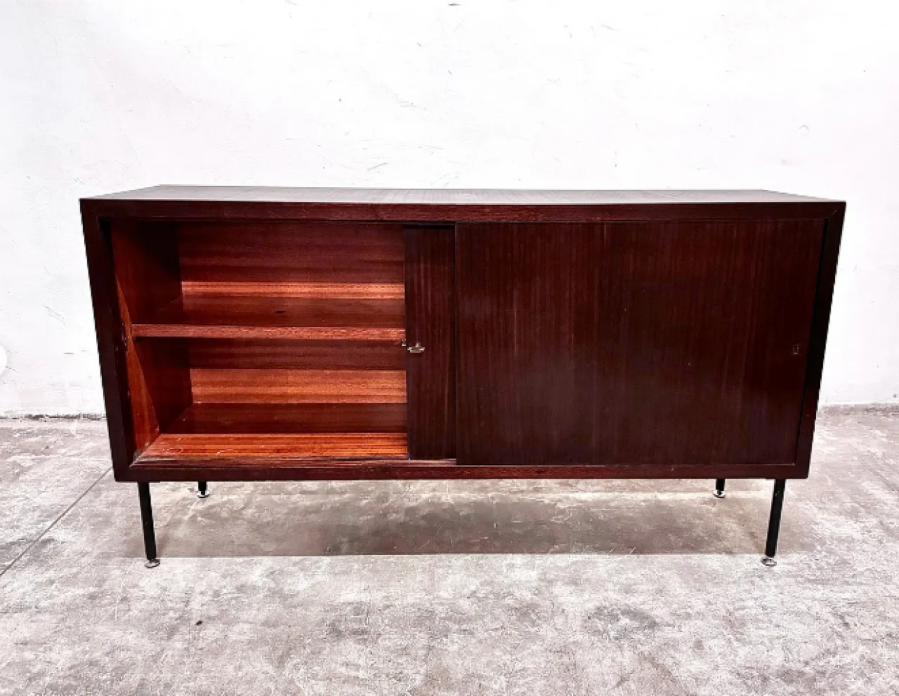 Cabinet with sliding doors in teak and metal, 1970s 2