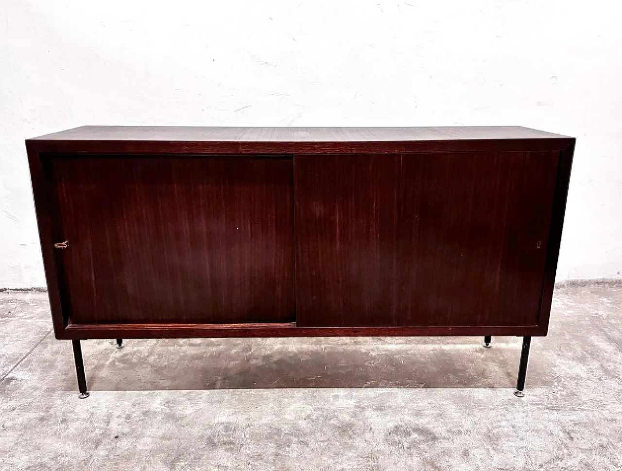 Cabinet with sliding doors in teak and metal, 1970s 6