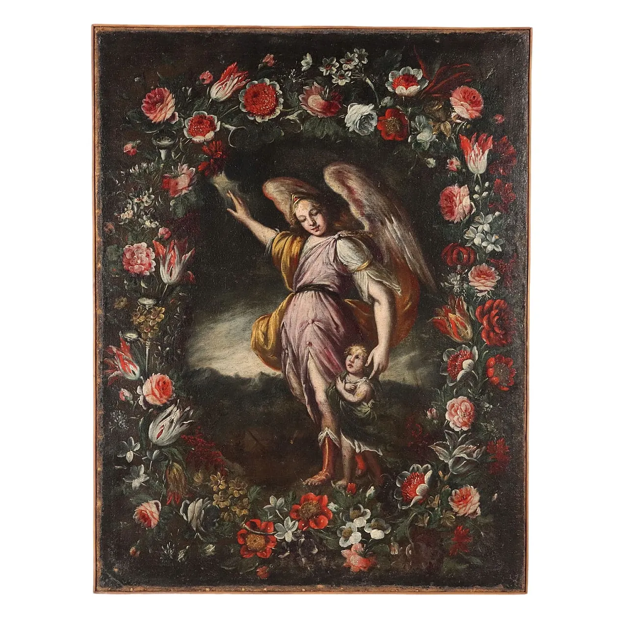 Guardian angel in flower garland, oil on canvas, 17th century 1
