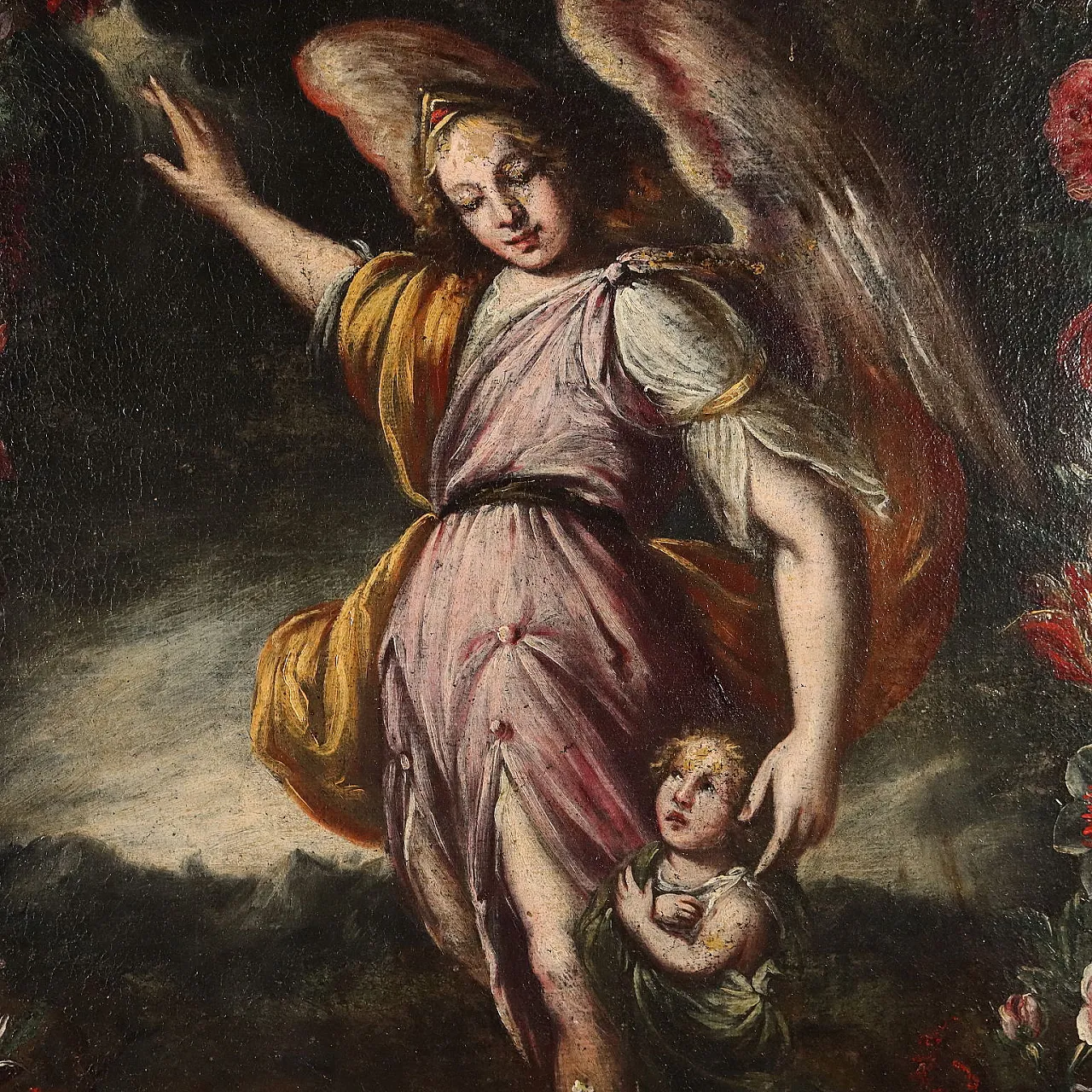 Guardian angel in flower garland, oil on canvas, 17th century 3