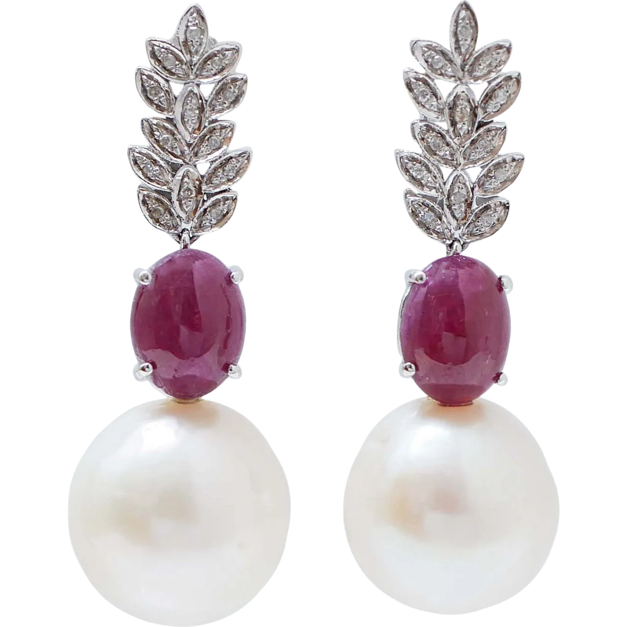 White gold earrings with pearls, rubies, diamonds, 1980s 6