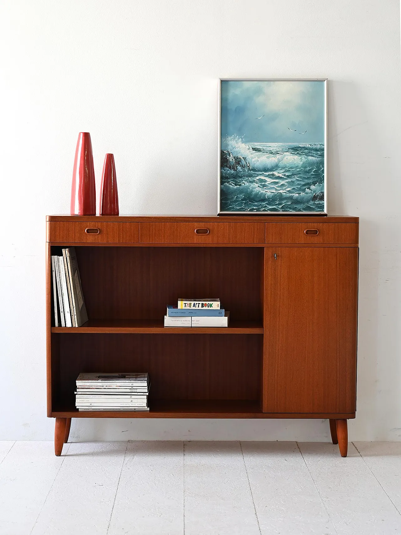 Scandinavian Highboard in Teak with swing door, 50s 1