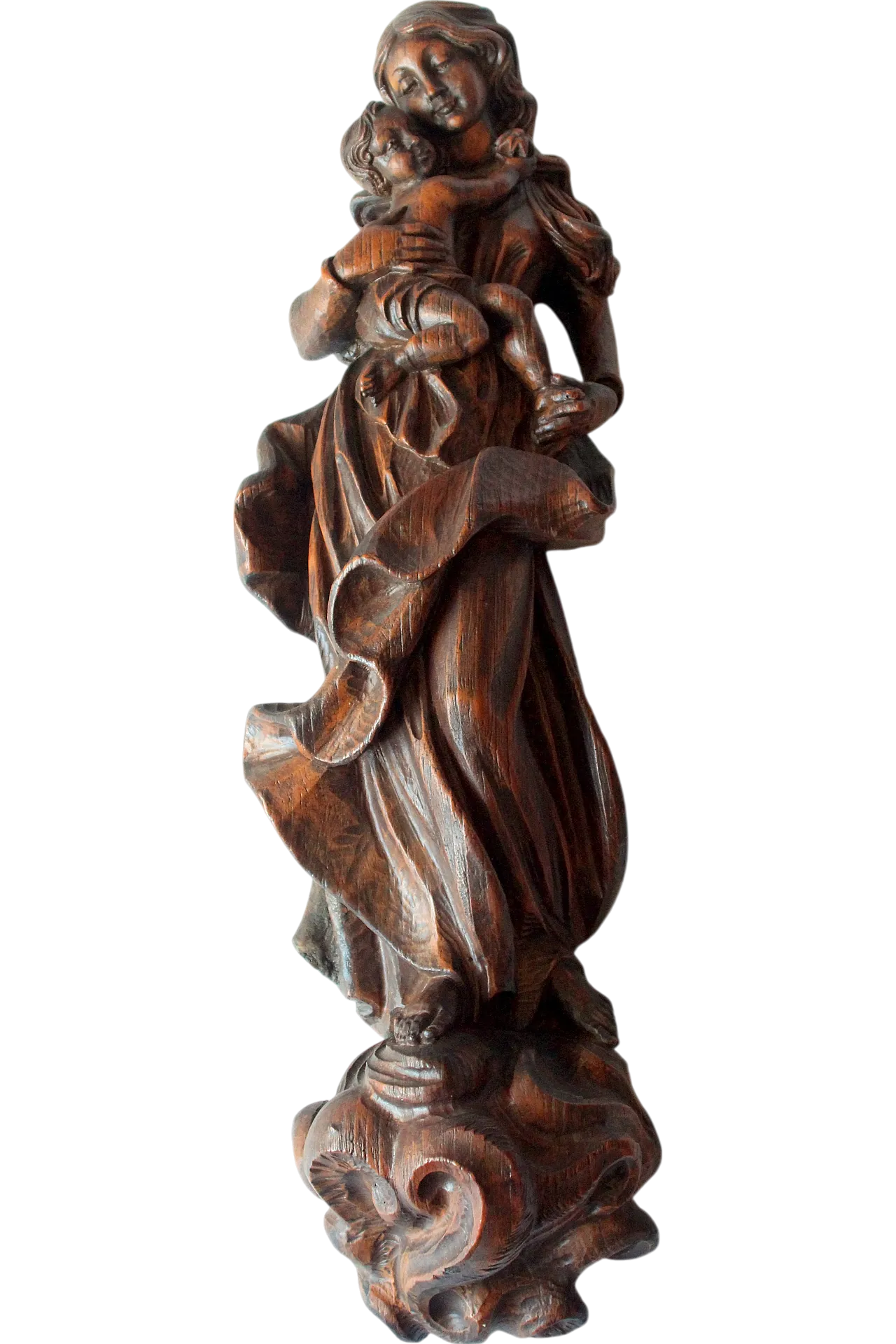 Hand carved Mother of God with child, wooden sculpture, 1950s 11