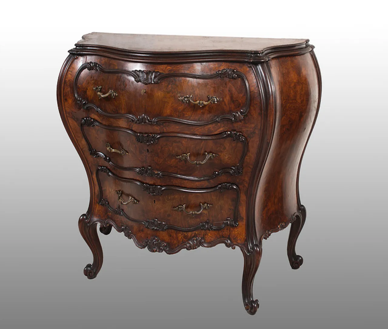 Chest of drawers Louis XV Veneto in walnut root, 20th century 1