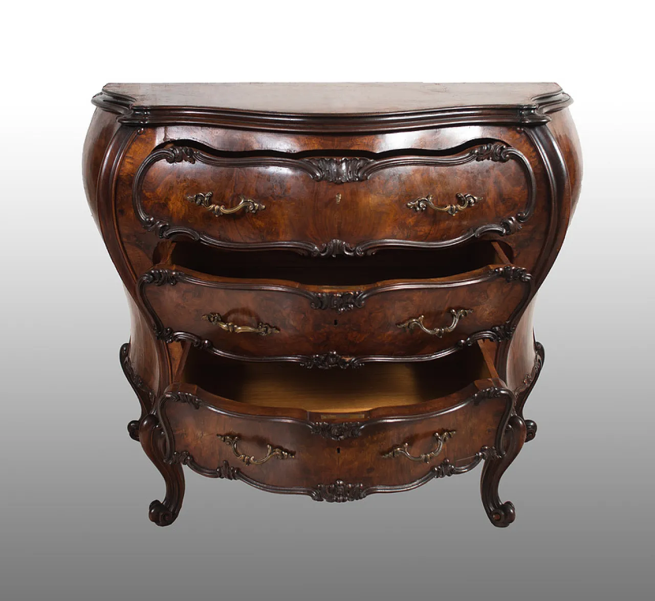Chest of drawers Louis XV Veneto in walnut root, 20th century 4