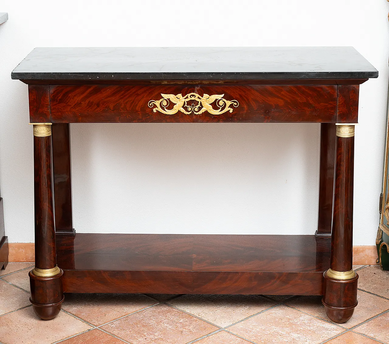 Console French empire in mahogany feather with marble top, 19th centur 5
