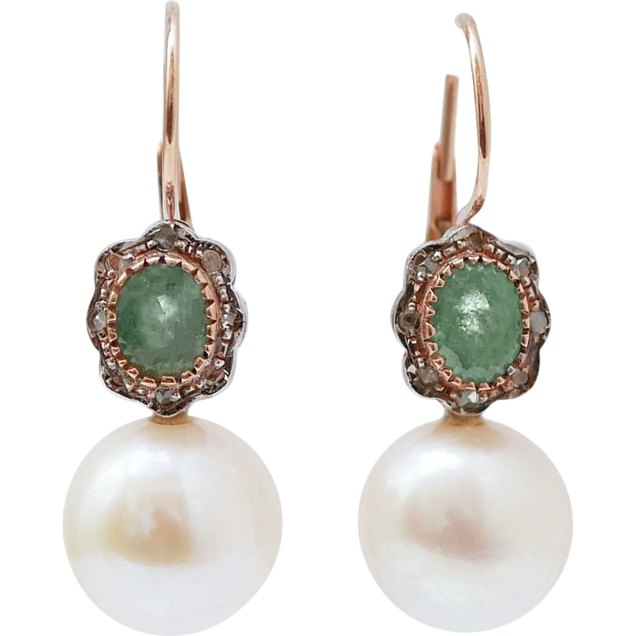 Orecchini con perle, smeraldi, diamanti, oro rosa e argento, anni '60 6