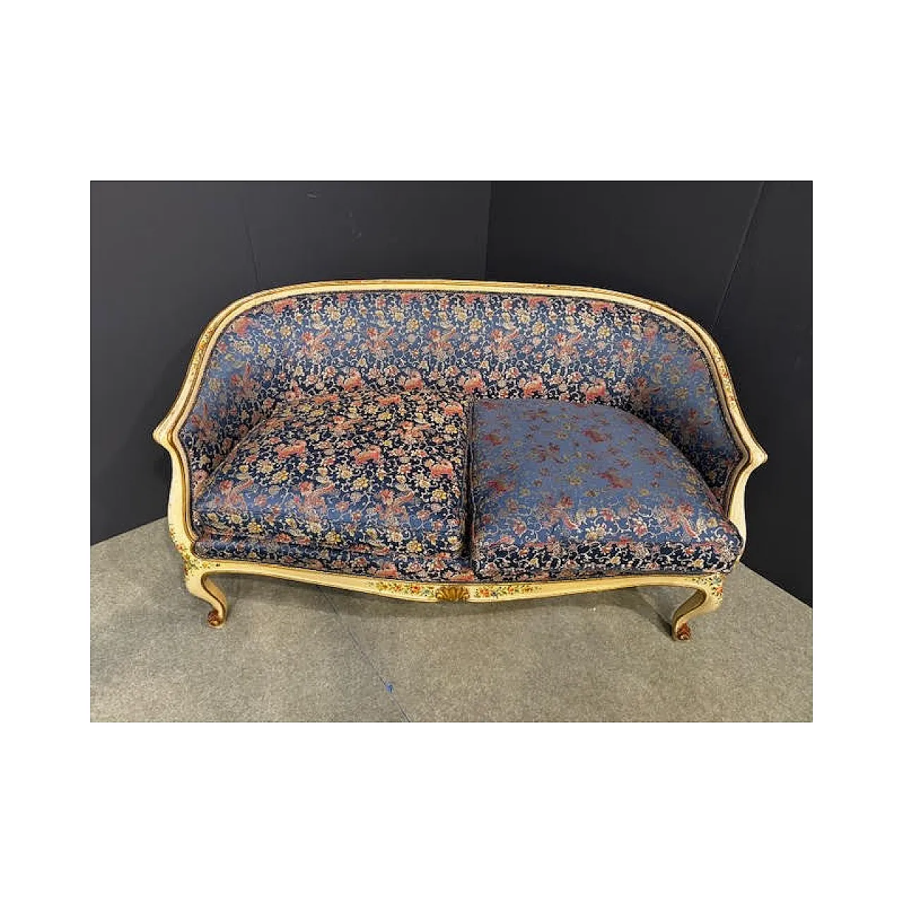 Divano con due poltrone in legno e tessuto, primo '900 1