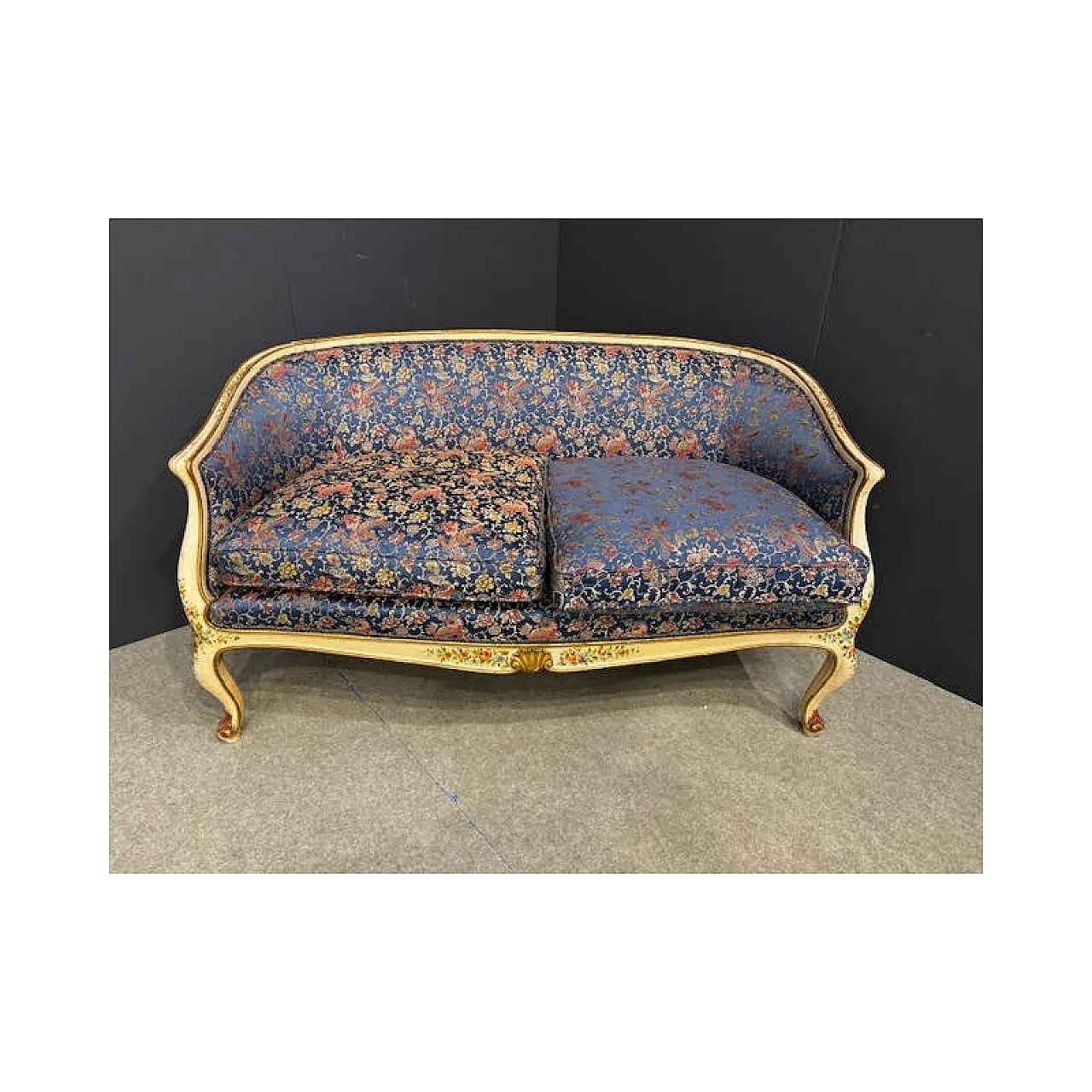 Divano con due poltrone in legno e tessuto, primo '900 2