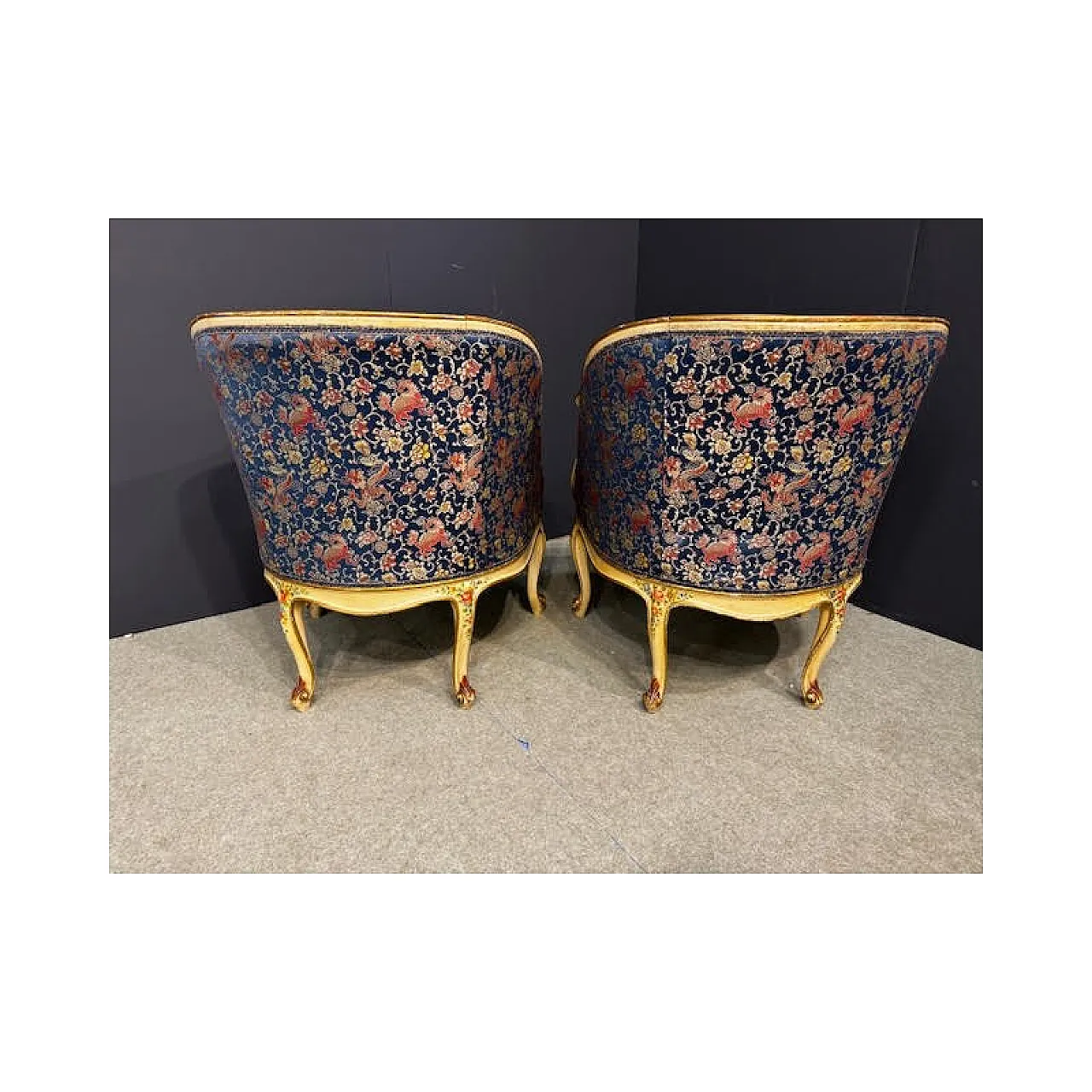 Divano con due poltrone in legno e tessuto, primo '900 14