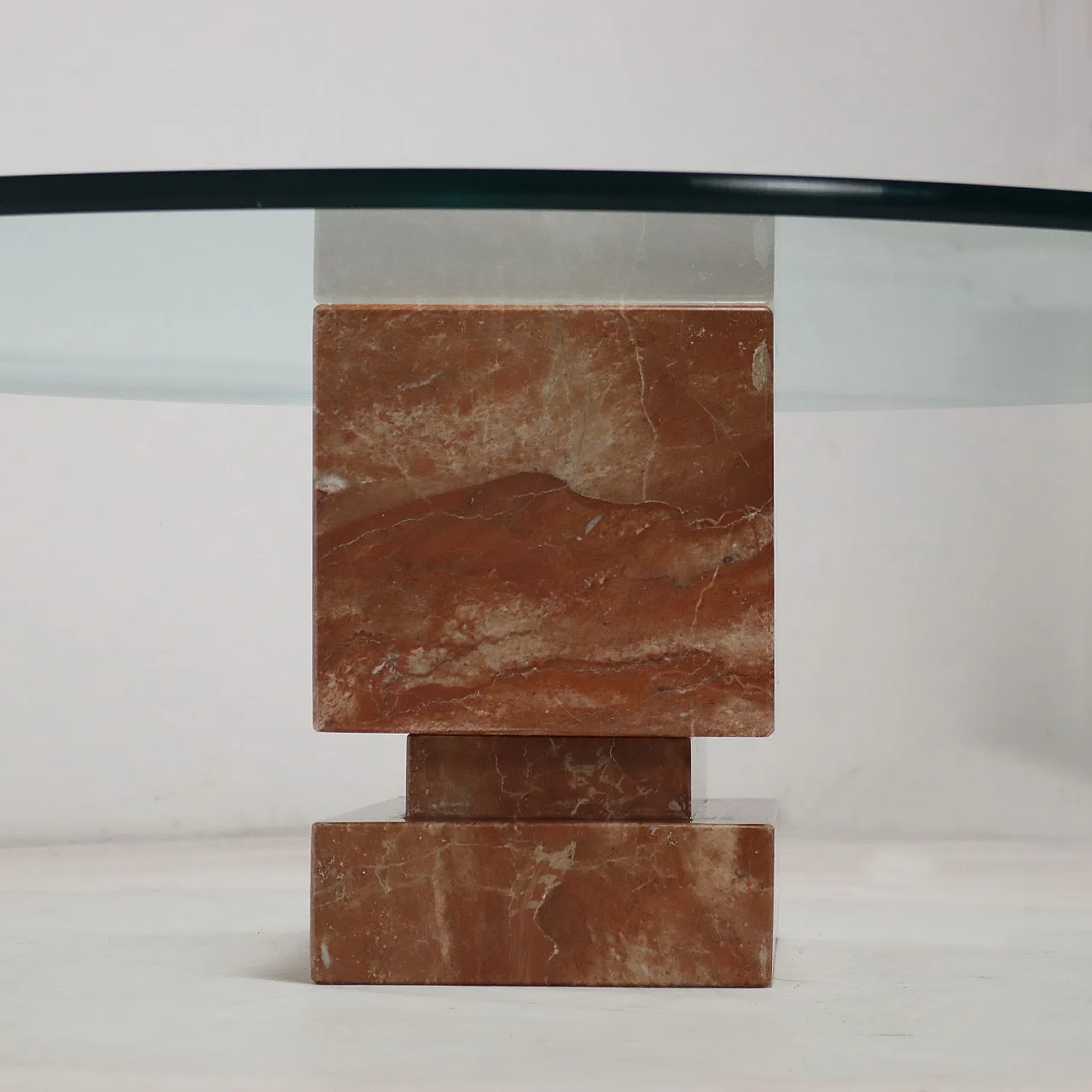 Red marble coffee table with round glass top, Italy 1980s 3