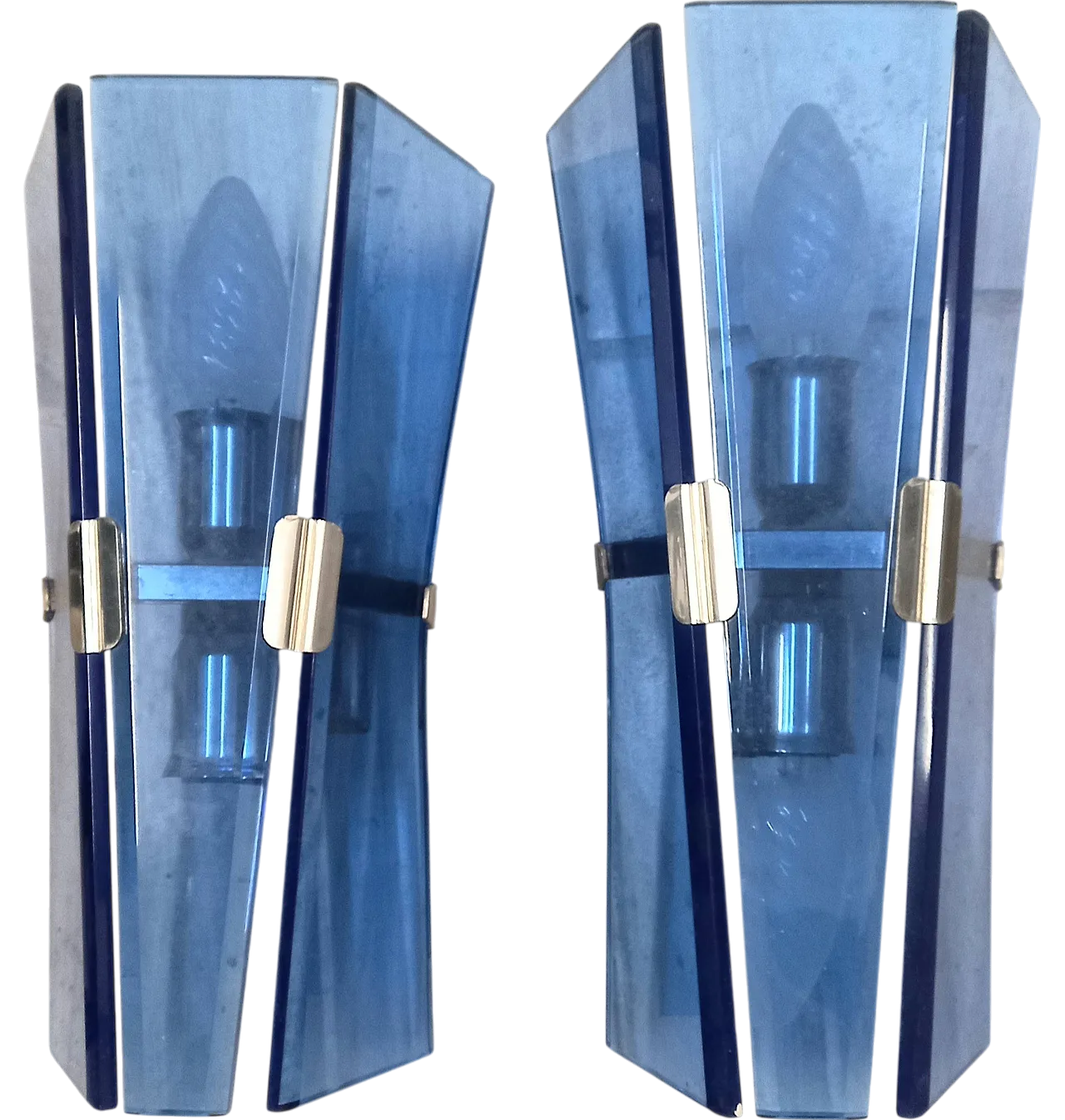 Pair of blue glass wall lamps, 70s 7