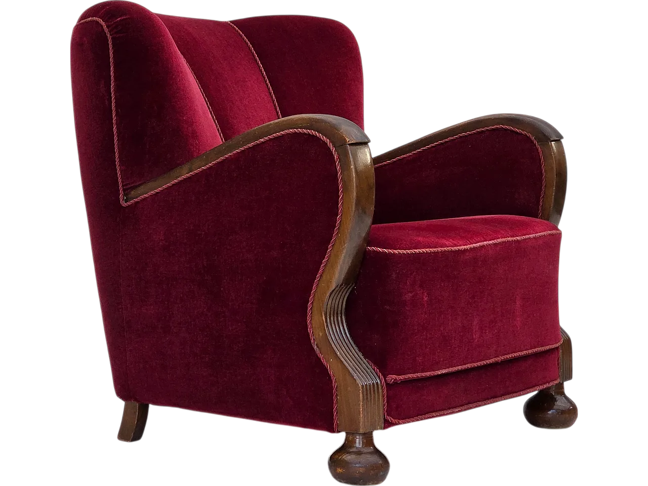 Danish relax armchair, cherry-red velour, dark beech, 1950s 16