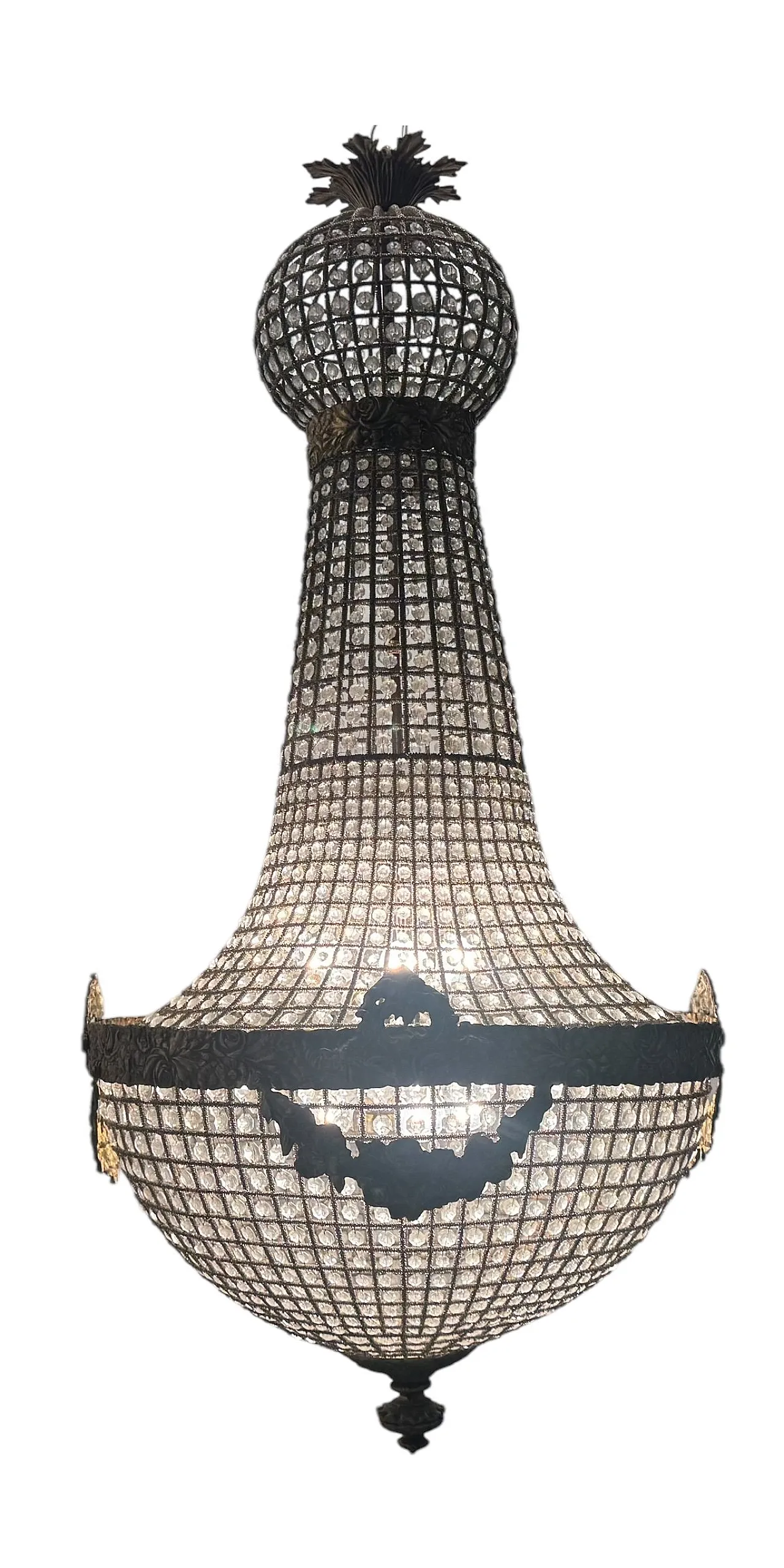 Large Crystal Beaded Bronze Chandelier, 1970s 1