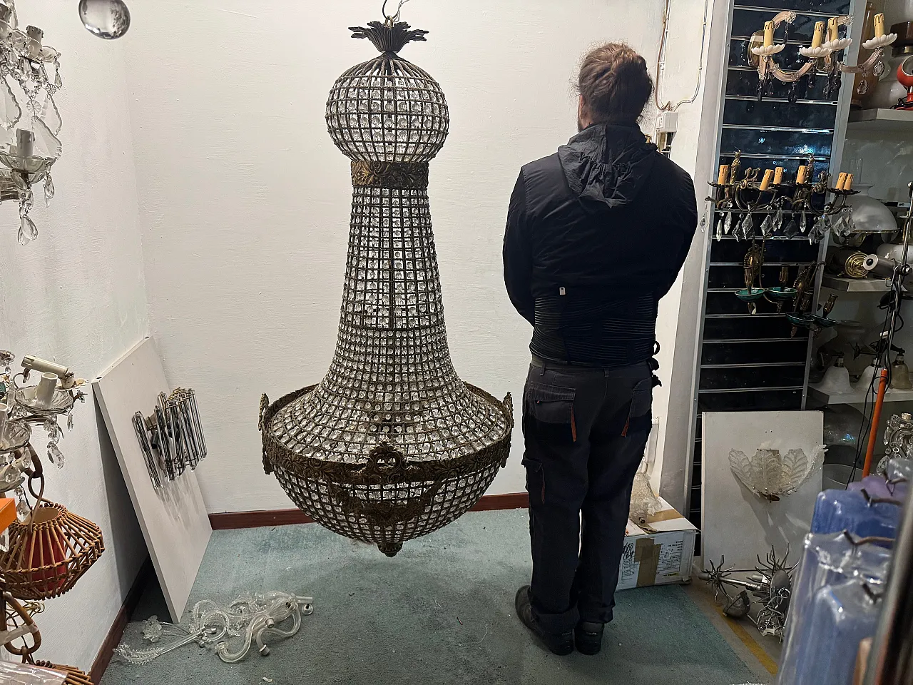 Large Crystal Beaded Bronze Chandelier, 1970s 2