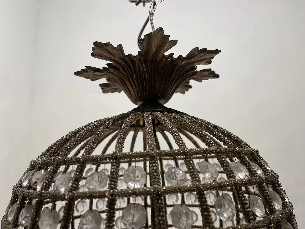Large Crystal Beaded Bronze Chandelier, 1970s 3
