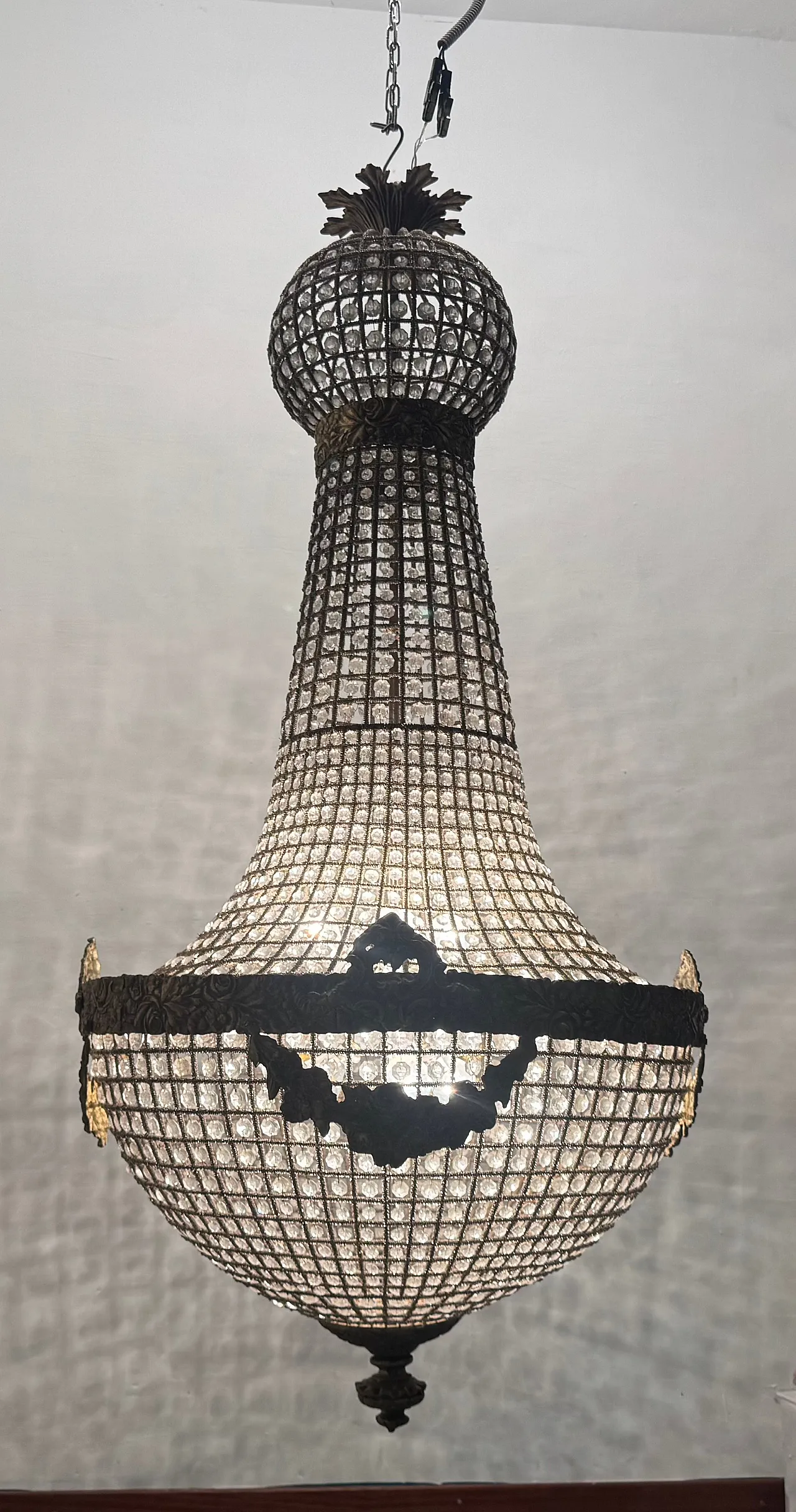 Large Crystal Beaded Bronze Chandelier, 1970s 4