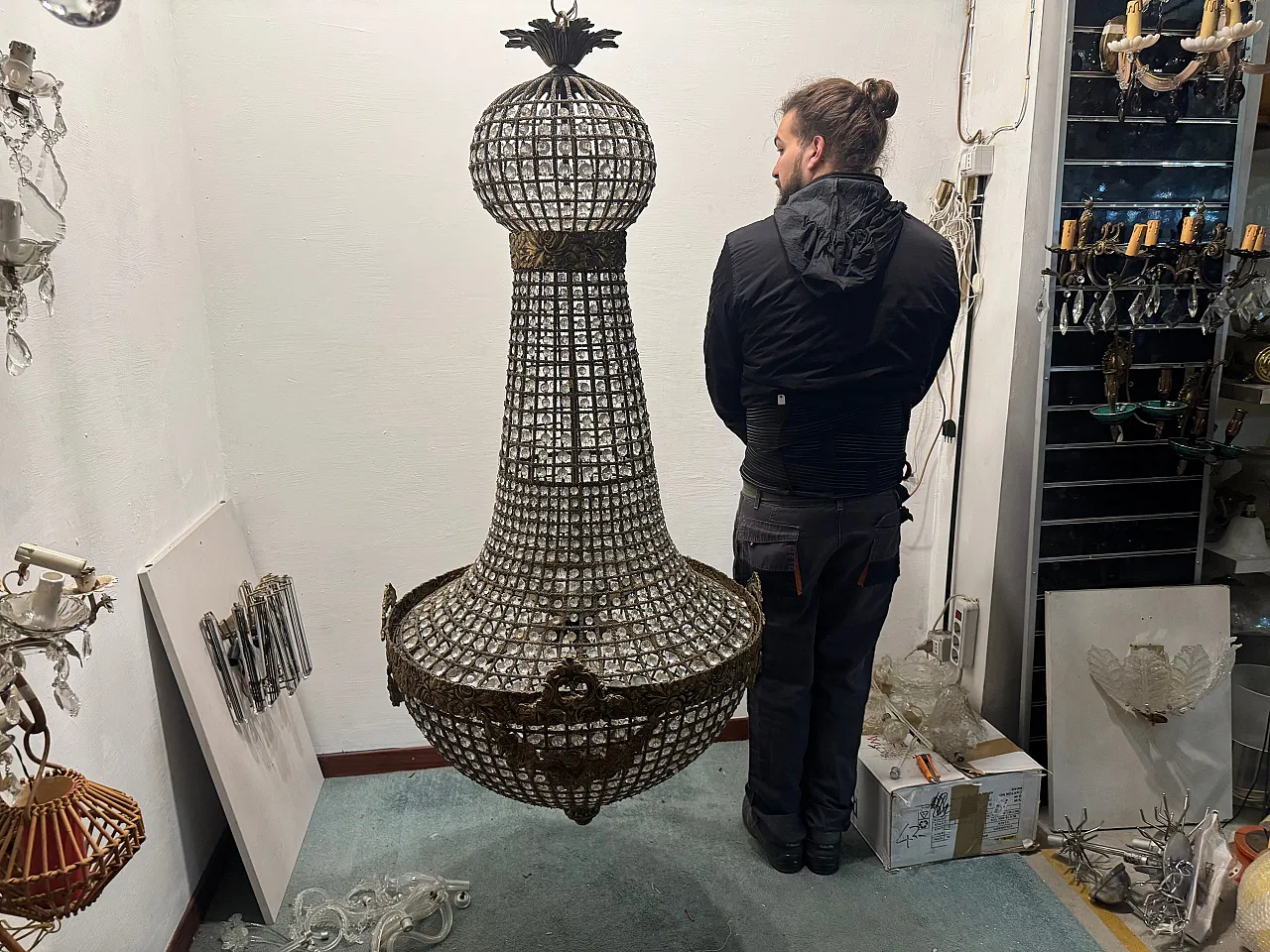 Large Crystal Beaded Bronze Chandelier, 1970s 5