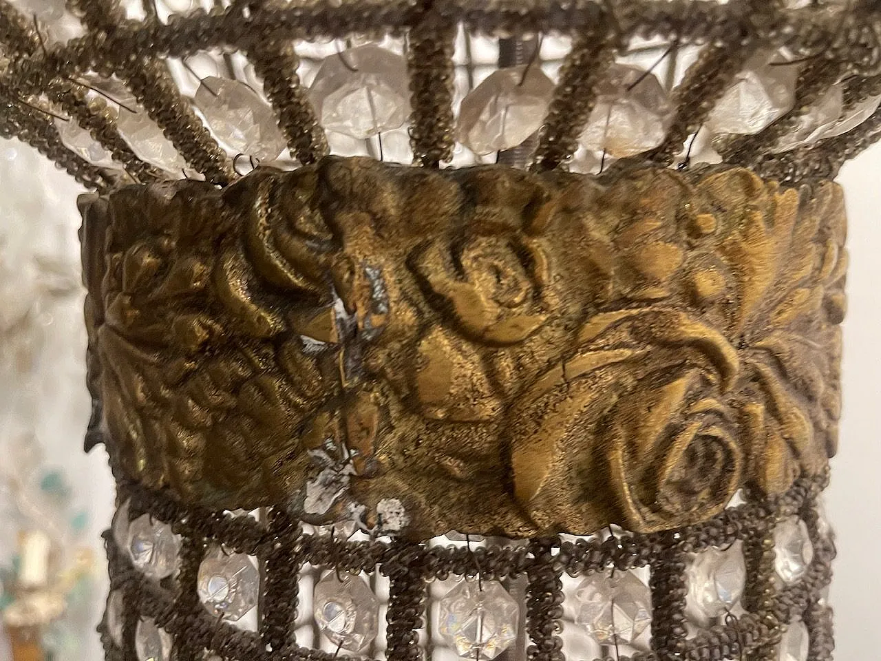 Large Crystal Beaded Bronze Chandelier, 1970s 7