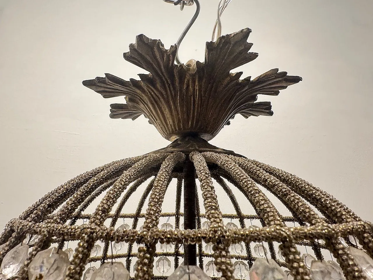 Large Crystal Beaded Bronze Chandelier, 1970s 8