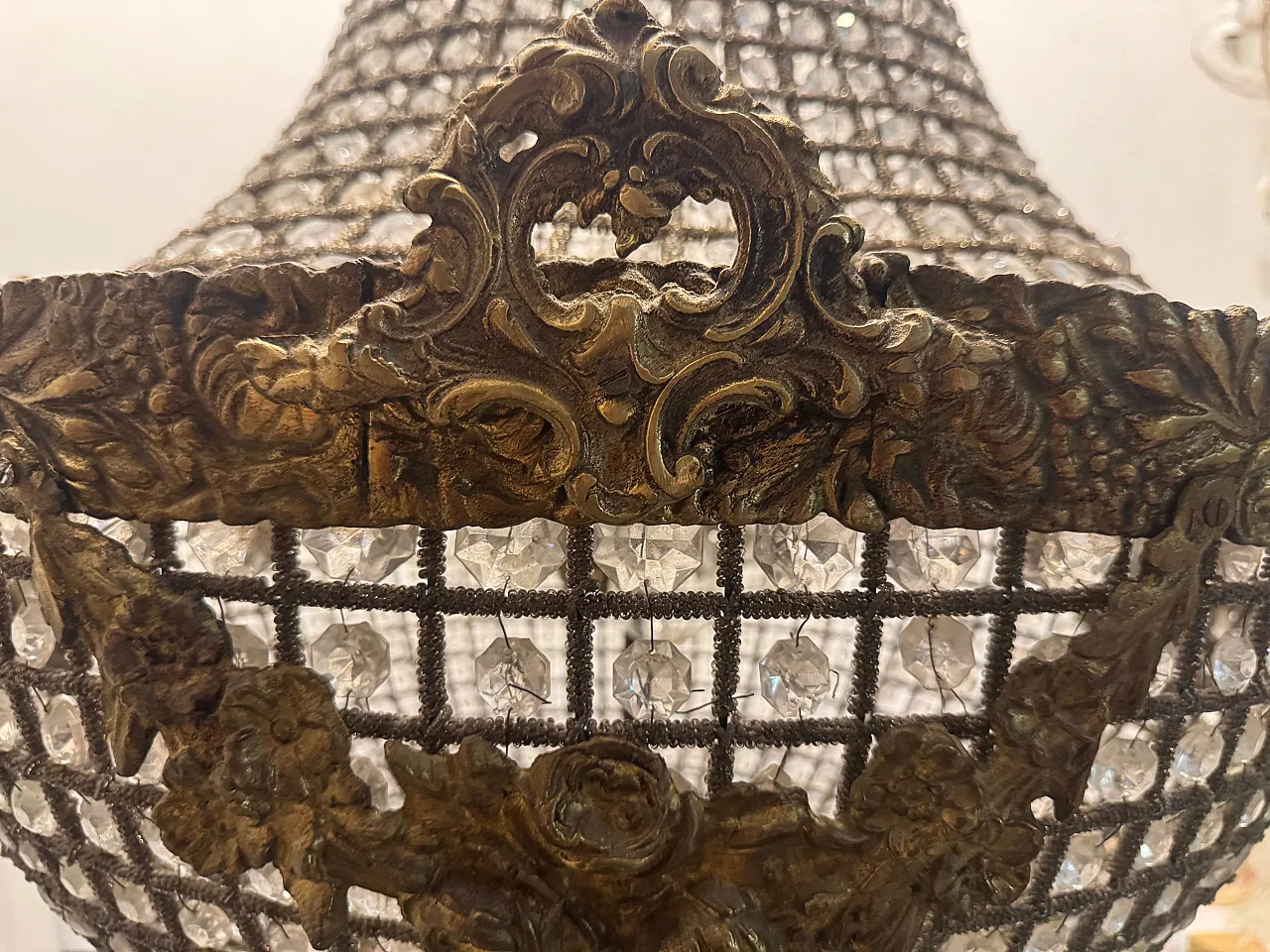 Large Crystal Beaded Bronze Chandelier, 1970s 10