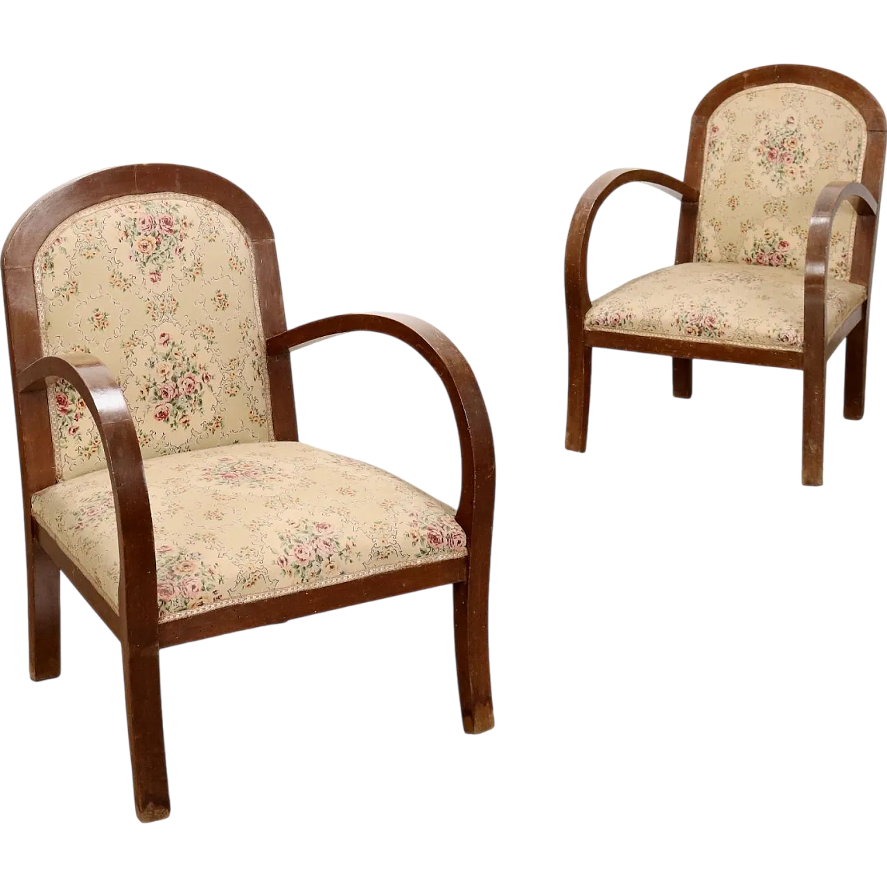 Pair of Art Deco armchairs in wood and fabric, early 20th century 8